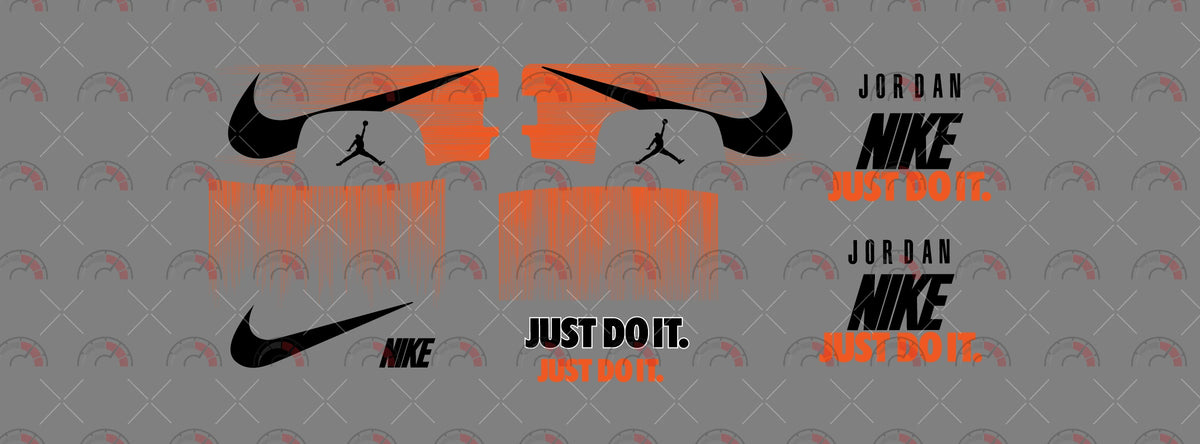 Nike 01 decal sheet artwork for a 1:64 83 Chevy Silverado, with black swooshes, orange brush fades
and bold NIKE lettering; JUST DO IT lettering and Jordan wordmarks and silhouettes.
