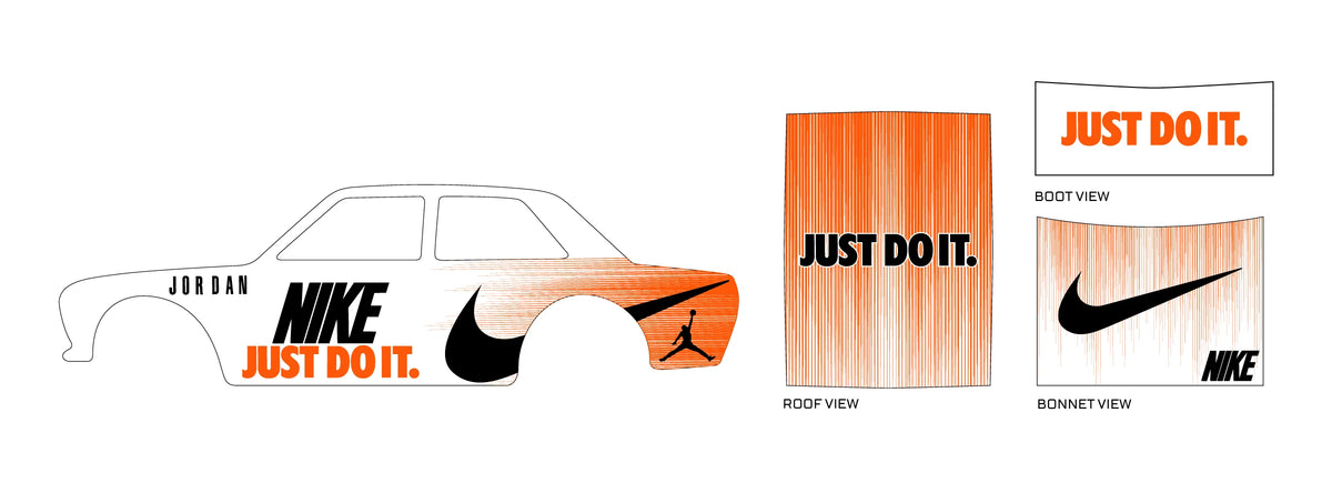 Nike 01 placement preview for a 1:64 510 Sedan, with black swooshes, orange brush fades and bold
NIKE lettering; JUST DO IT text and Jordan silhouettes.
