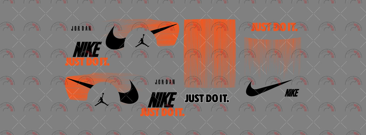 Nike 01 decal sheet artwork for a 1:64 83 Chevy Silverado, with black swooshes, orange brush fades
and bold NIKE lettering; JUST DO IT lettering and Jordan wordmarks and silhouettes.
