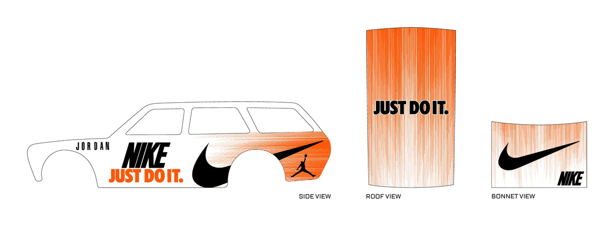 Nike 01 placement preview for a 1:64 510 Wagon, with black swooshes, orange brush fades and bold
NIKE lettering; JUST DO IT text and Jordan silhouettes.