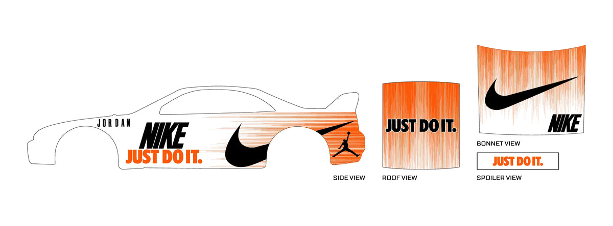 Nike 01 placement preview for a 1:64 Nissan Skyline GT-R R33, with black swooshes, orange brush
fades and bold NIKE lettering; JUST DO IT text and Jordan silhouettes.
