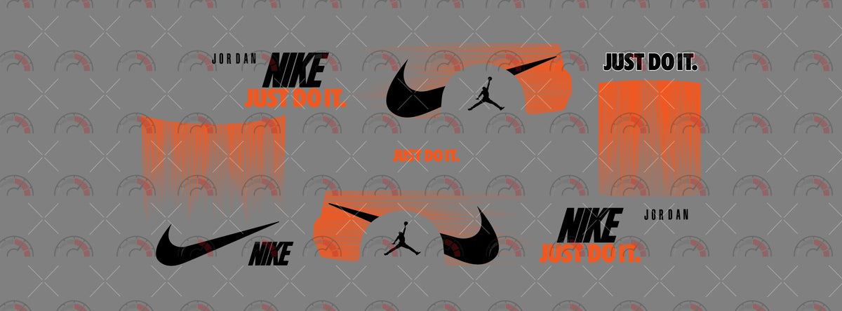 Nike 01 decal sheet artwork for a 1:64 83 Chevy Silverado, with black swooshes, orange brush fades
and bold NIKE lettering; JUST DO IT lettering and Jordan wordmarks and silhouettes.
