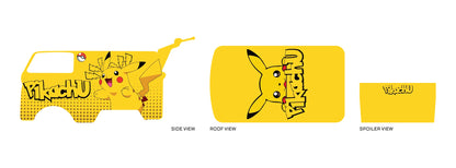 Pikachu 02 placement preview for a 1:64 Kool Kombi, with yellow panels, a red-cheeked
character, black-tipped ears, dotted shading and large Pikachu lettering.
