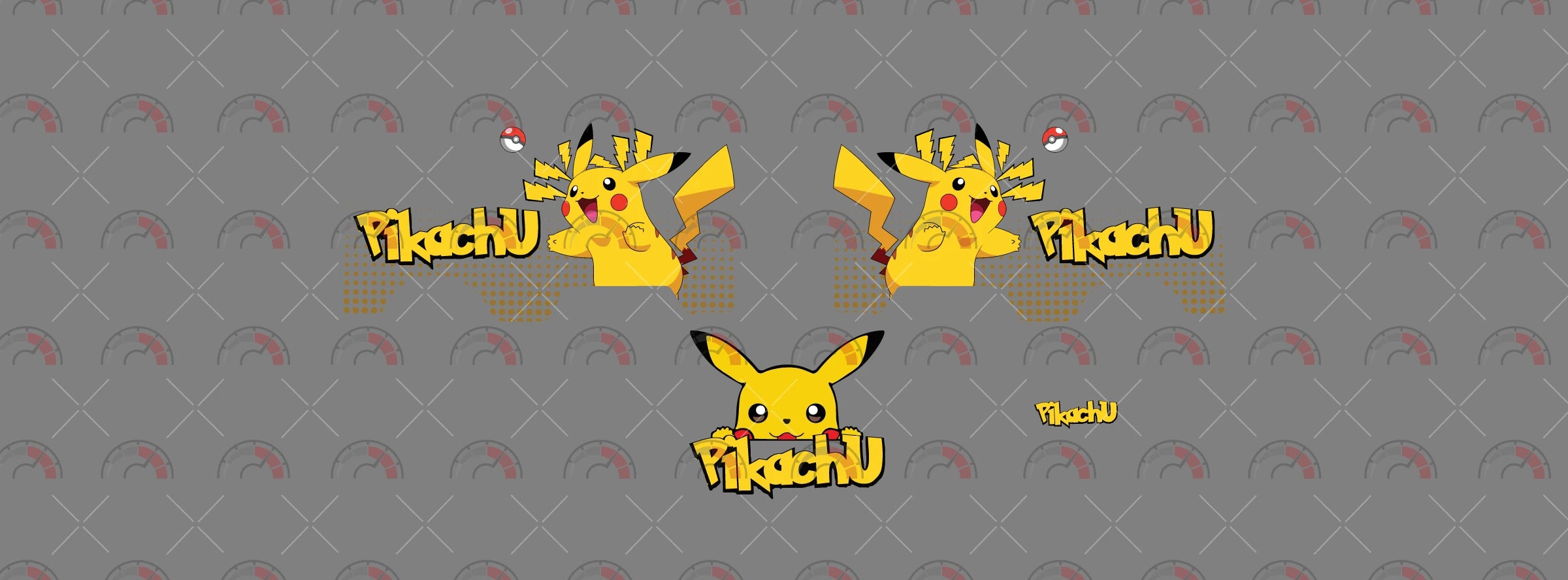 Pikachu 02 decal sheet for a 1:64 Kool Kombi, showing paired character-and-name side
graphics, lightning shapes, dotted shading and a peeking face roof graphic.