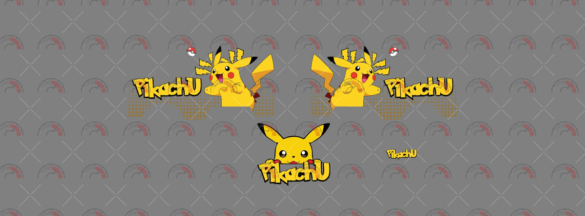 Pikachu 02 decal sheet for a 1:64 Kool Kombi, showing paired character-and-name side
graphics, lightning shapes, dotted shading and a peeking face roof graphic.