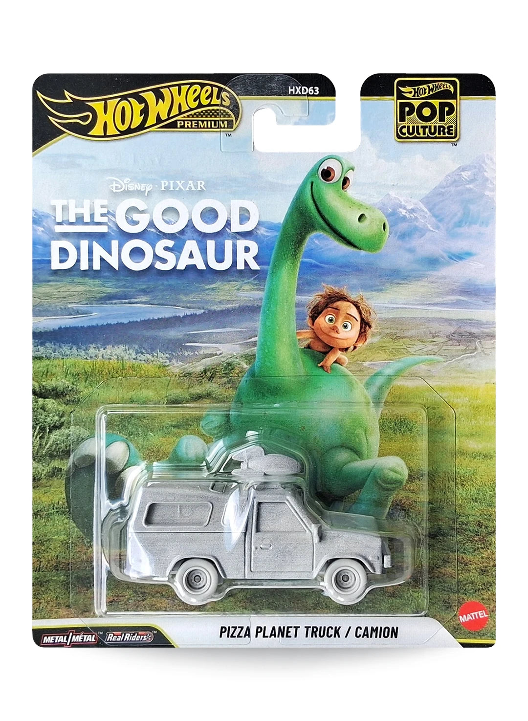 Hot Wheels Premium Pop Culture Disney Pixar The Good Dinosaur Pizza Planet Truck 1:64 scale premium diecast vehicle mint on its original movie poster themed blister card featuring Arlo and Spot.