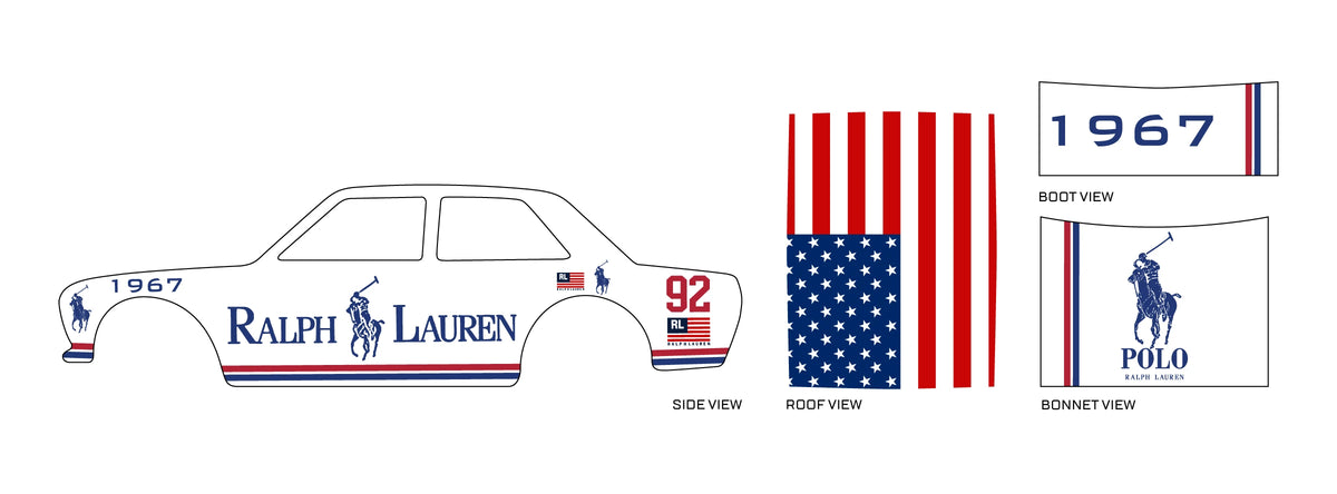 Polo Ralph Lauren placement preview for a 1:64 510 Sedan, with navy serif RALPH LAUREN lettering,
polo-rider silhouettes and flag graphics; a large bonnet rider and red 92 numerals.
