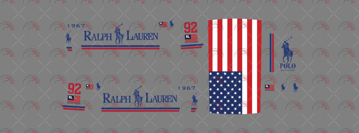 Polo Ralph Lauren decal sheet artwork for a 1:64 510 Wagon, with navy serif RALPH LAUREN lettering,
polo-rider silhouettes and flag graphics; navy POLO bonnet art, red 92 numerals and thin side stripes.
