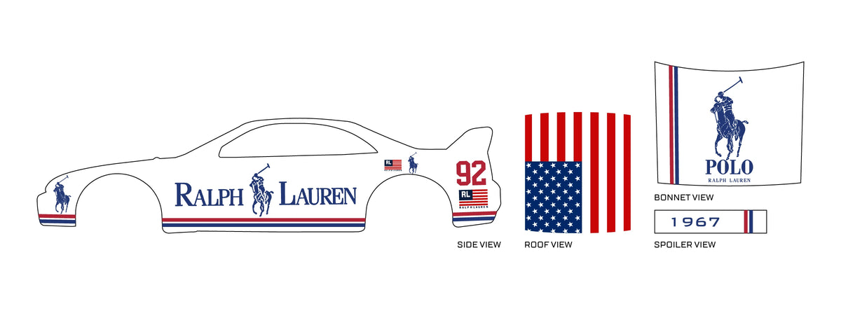 Polo Ralph Lauren placement preview for a 1:64 Nissan Skyline GT-R R33, with navy serif RALPH
LAUREN lettering, polo-rider silhouettes and flag graphics; a large bonnet rider and red 92 numerals.

