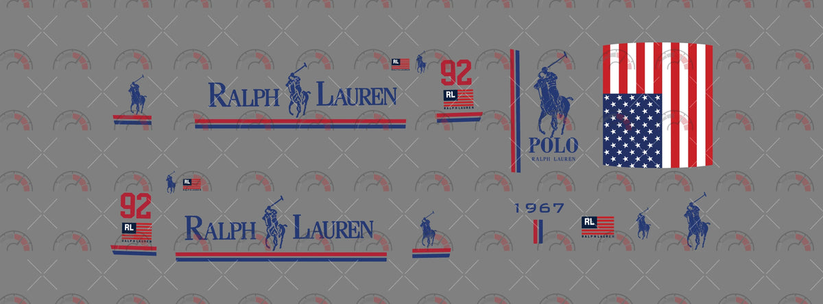 Polo Ralph Lauren decal sheet artwork for a 1:64 Nissan Skyline GT-R R33, with navy serif RALPH
LAUREN lettering, polo-rider silhouettes and flag graphics; navy POLO bonnet art, red 92 numerals and
thin side stripes.
