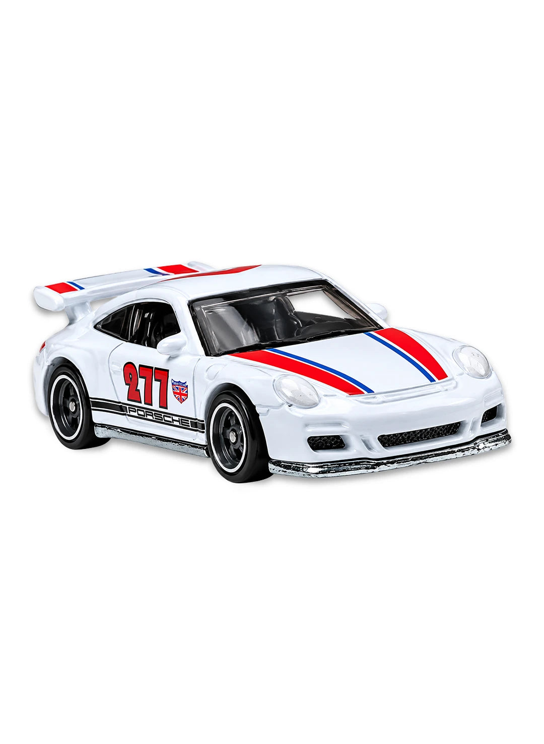 Close-up view of the white Hot Wheels Urban Outlaw Porsche 911 GT3 RS showing red and blue racing stripes, a red number 277 hood graphic, a white rear wing, and black multi-spoke Real Riders wheels.