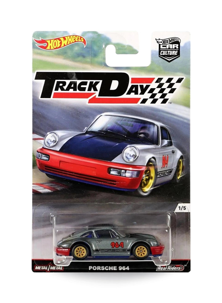 Hot Wheels Car Culture Track Day Porsche 964 1:64 scale premium diecast car mint on its original 1/5 numbered racetrack scene blister card carrying a black and white checkered flag header.