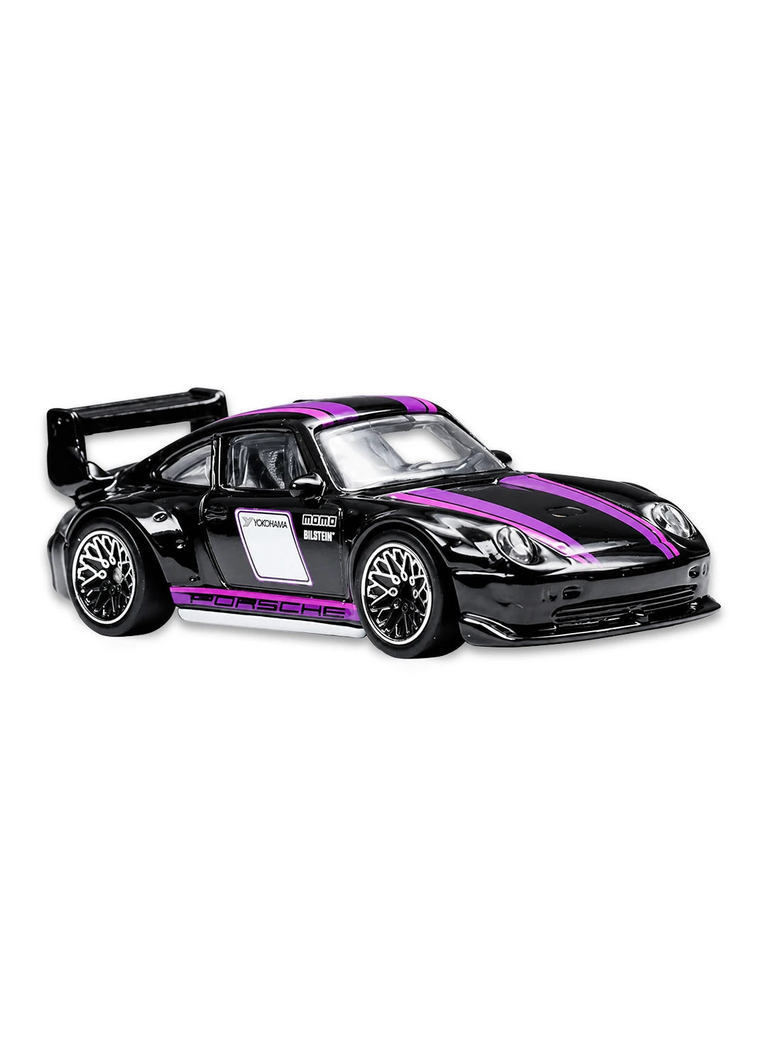 Close-up view of the gloss black Hot Wheels Euro Style Porsche 993 GT2 showing purple hood stripes, white door panels with Porsche text, a large racing rear spoiler, and silver multi-spoke Real Riders wheels.