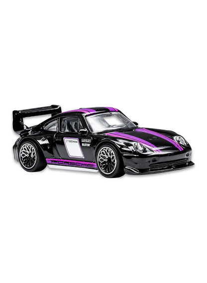 Close-up view of the gloss black Hot Wheels Euro Style Porsche 993 GT2 showing purple hood stripes, white door panels with Porsche text, a large racing rear spoiler, and silver multi-spoke Real Riders wheels.
