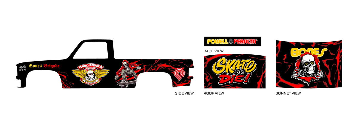 Powell Peralta placement preview for a 1:64 83 Chevy Silverado, with red streaks, a winged skull
emblem and skeletal skater artwork; SKATE OR DIE roof lettering and a BONES skull bonnet graphic.
