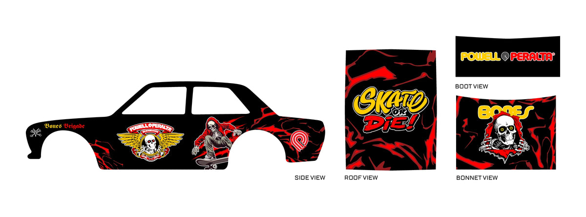 Powell Peralta placement preview for a 1:64 510 Sedan, with red streaks, a winged skull emblem and
skeletal skater artwork; SKATE OR DIE roof lettering and a BONES skull bonnet graphic.
