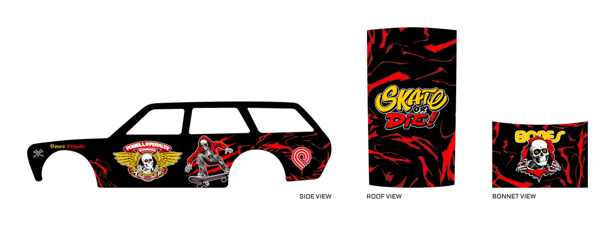 Powell Peralta placement preview for a 1:64 510 Wagon, with red streaks, a winged skull emblem and
skeletal skater artwork; SKATE OR DIE roof lettering and a BONES skull bonnet graphic.
