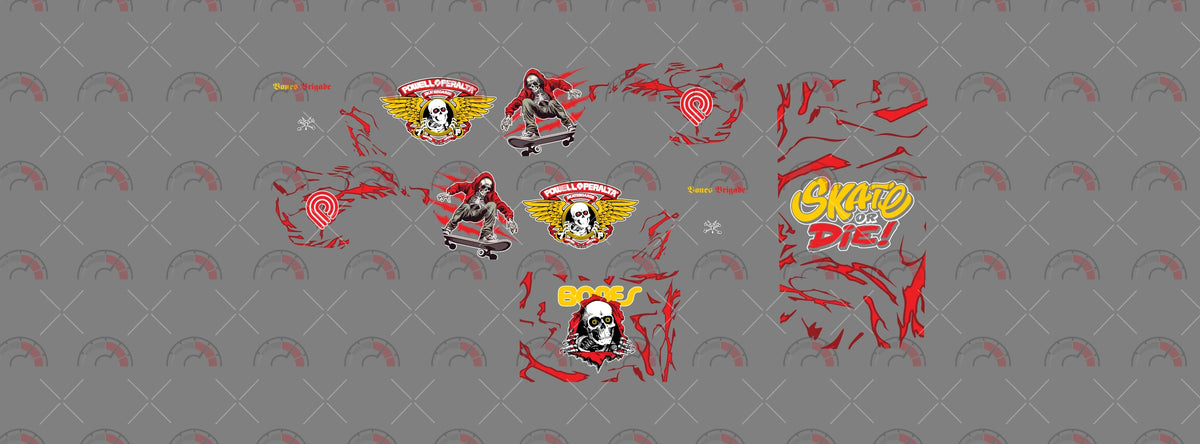 Powell Peralta decal sheet artwork for a 1:64 510 Sedan, with red streaks, a winged skull emblem and
skeletal skater artwork; yellow-red wordmarks, SKATE OR DIE lettering and BONES skull art.