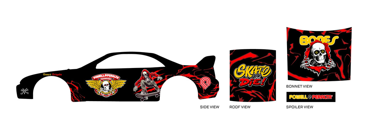 Powell Peralta placement preview for a 1:64 Nissan Skyline GT-R R33, with red streaks, a winged skull
emblem and skeletal skater artwork; SKATE OR DIE roof lettering and a BONES skull bonnet graphic.
