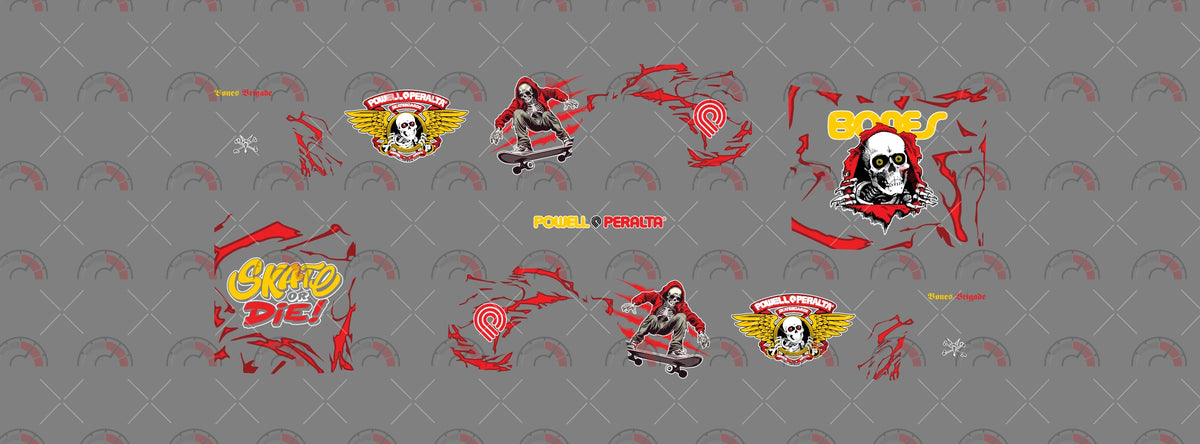 Powell Peralta decal sheet artwork for a 1:64 Nissan Skyline GT-R R33, with red streaks, a winged skull
emblem and skeletal skater artwork; yellow-red wordmarks, SKATE OR DIE lettering and BONES skull
art.