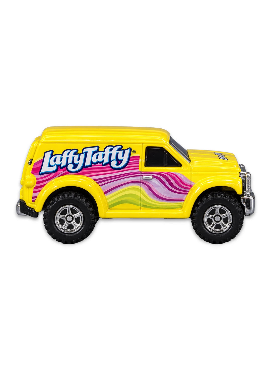 Close-up view of the bright yellow Hot Wheels Laffy Taffy Power Panel truck showing side wave graphics and off-road Real Riders wheels.