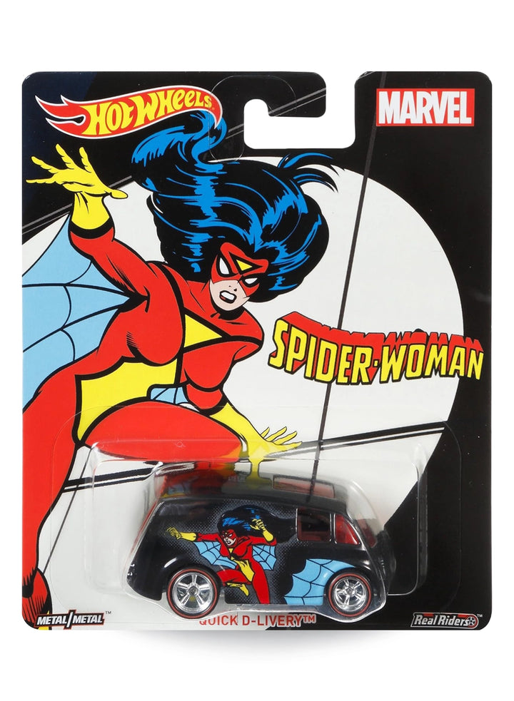 Hot Wheels Pop Culture Marvel Spider-Woman Quick D-Livery 1:64 scale premium diecast van mint on its original retro comic art blister card.