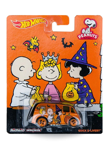 Hot Wheels Pop Culture Peanuts Quick D-Livery 1:64 scale diecast van mint on its original Great Pumpkin Halloween costume blister card.