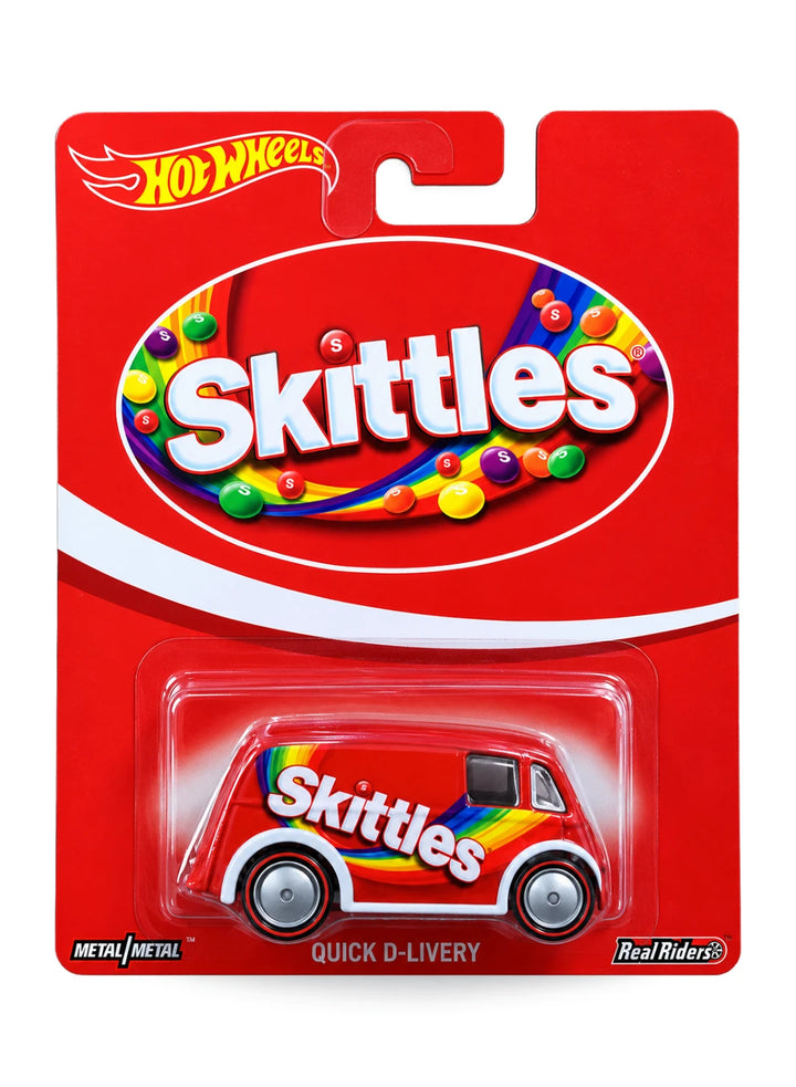 Hot Wheels Premium Pop Culture Mars Candy Skittles Quick D-Livery 1:64 scale diecast van mint on its original red branded blister card.