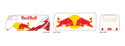 Redbull Racing 04 placement preview for a 1:64 VW Panel Bus, with red bulls, yellow discs and angular
red-grey side streaks.