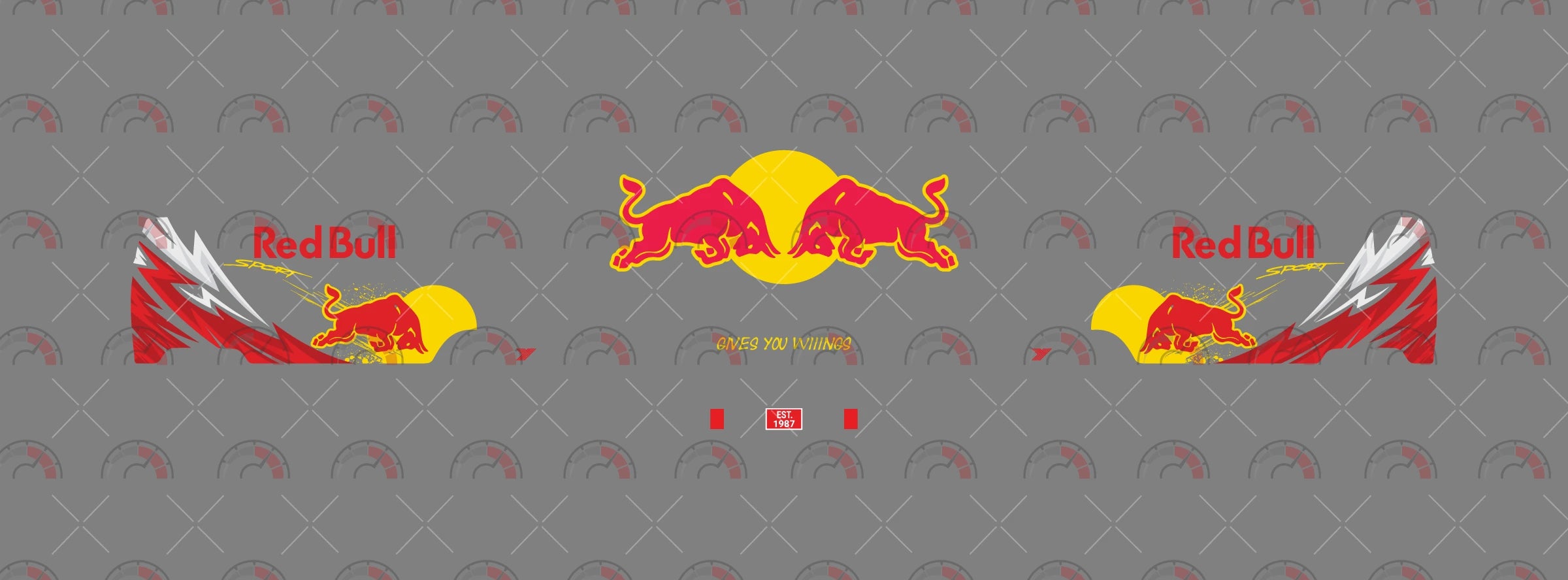 Redbull Racing 04 decal sheet for a 1:64 VW Panel Bus, showing red wordmarks, bull graphics, yellow
sun discs and rear slogan details.