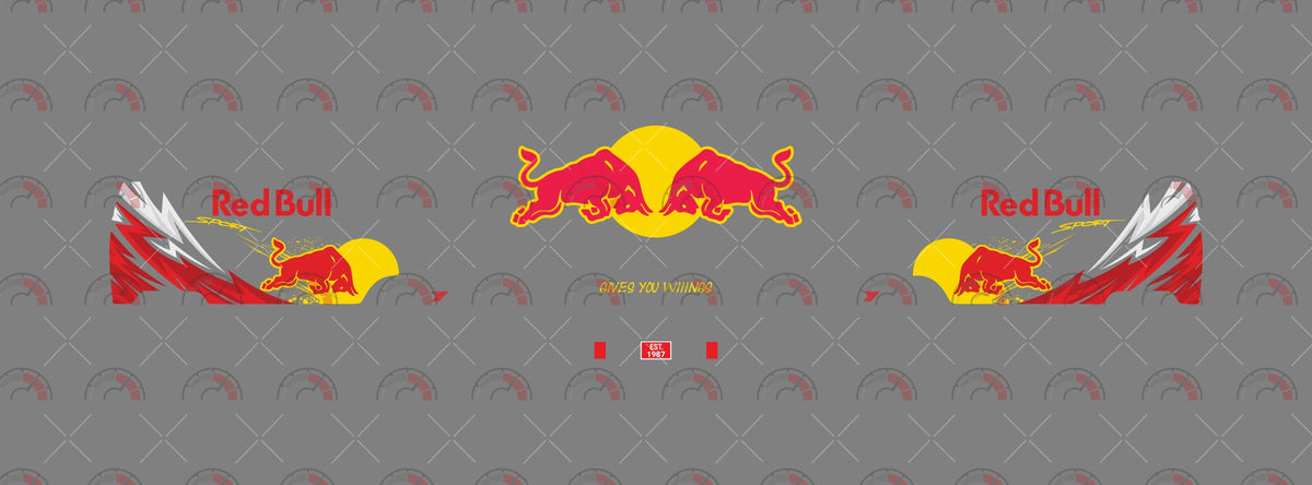 Redbull Racing 04 decal sheet for a 1:64 VW Panel Bus, showing red wordmarks, bull graphics, yellow
sun discs and rear slogan details.