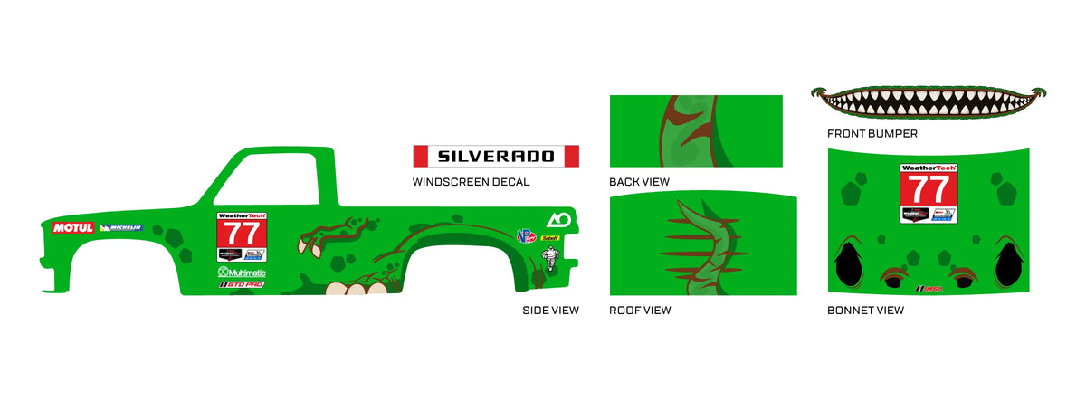 Rexy placement preview for a 1:64 83 Chevy Silverado, with green dinosaur sides, number 77, roof
claws and SILVERADO windscreen text.
