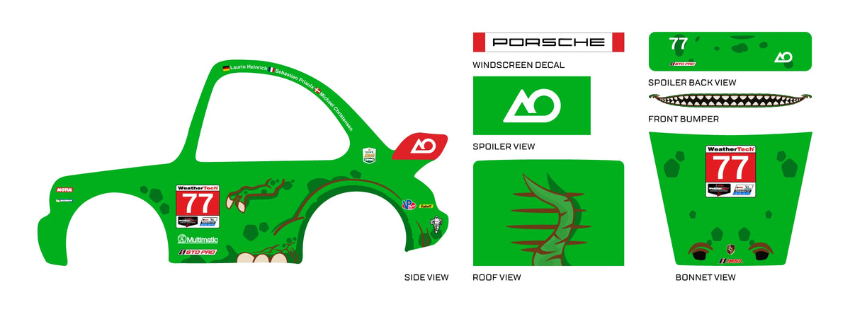 Rexy decal sheet for a 1:64 Porsche 911 Turbo 3.6, showing dinosaur spots, claws, teeth, number 77
and PORSCHE windscreen text.
