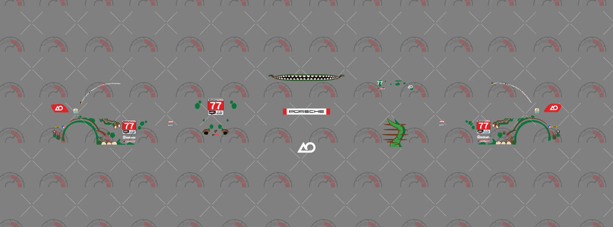 Rexy decal sheet for a 1:64 83 Chevy Silverado, showing dinosaur side graphics, bonnet eyes, teeth,
number 77 and SILVERADO lettering.
