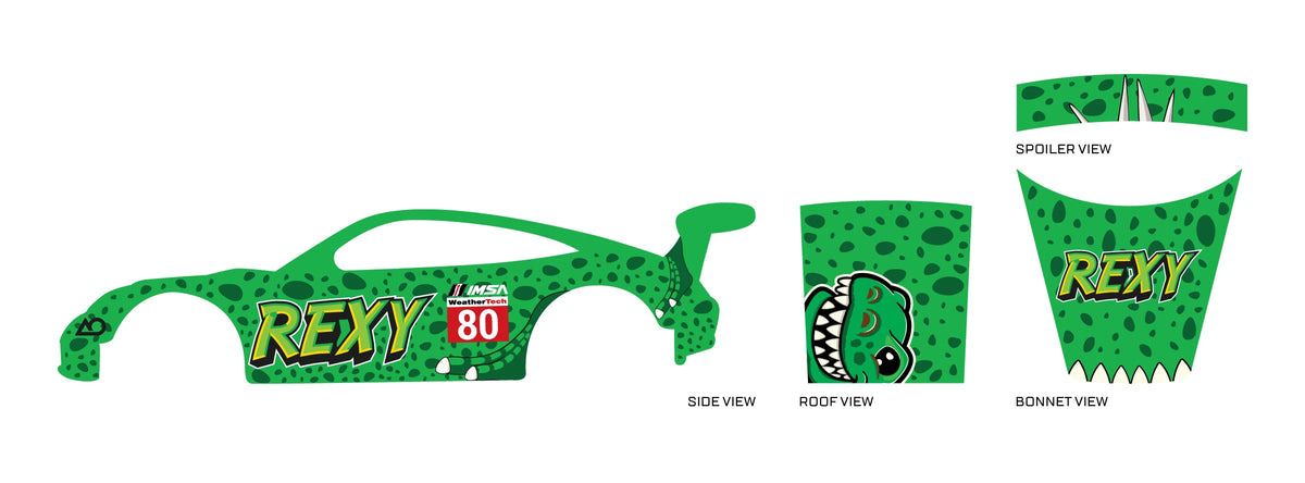 Rexy 02 placement preview for a 1:64 Porsche 911 GT3 RS, with green spots, yellow REXY lettering,
number 80 and a smiling dinosaur roof head.
