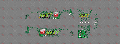 Rexy 02 decal sheet for a 1:64 Porsche 911 GT3 RS, showing green spots, yellow REXY text, red 77
panels, dinosaur head art and white spikes.