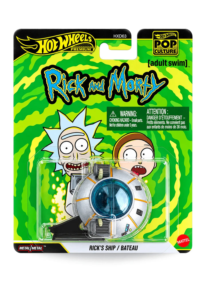 Hot Wheels Premium Pop Culture Rick and Morty Rick's Ship premium diecast spacecraft vehicle mint on its original Adult Swim animation themed green swirl portal blister card.