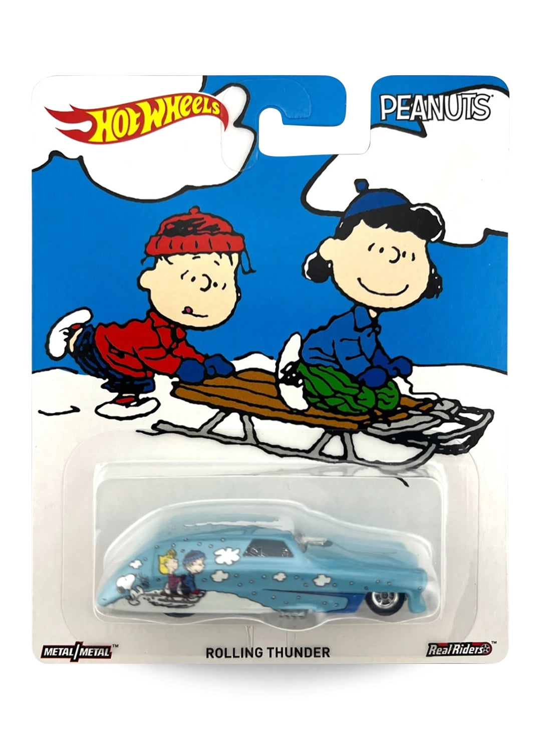 Hot Wheels Pop Culture Peanuts Rolling Thunder 1:64 scale premium diecast car mint on its original Linus and Lucy sledding blister card.