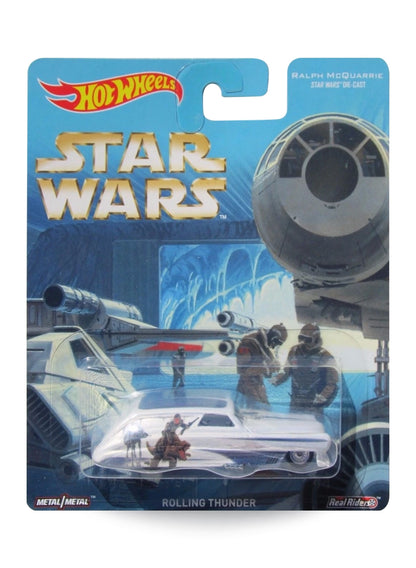 Hot Wheels Pop Culture Ralph McQuarrie Star Wars Rolling Thunder 1:64 scale premium diecast car mint on its original Hoth Rebel Base concept art card.