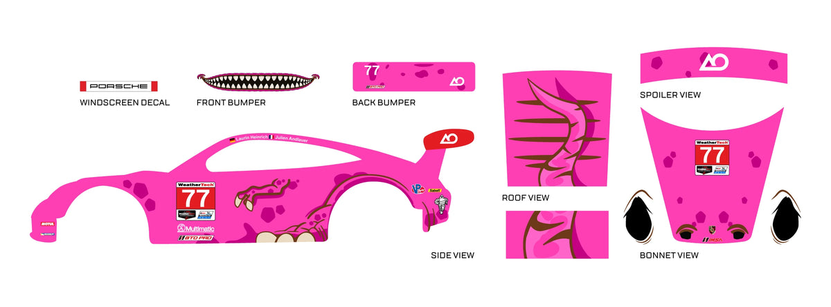 Roxy preview for a 1:64 Porsche 911 GT3 RS: hot-pink panels, purple spots, dinosaur claws, number 77
and a spiked roof tail.
