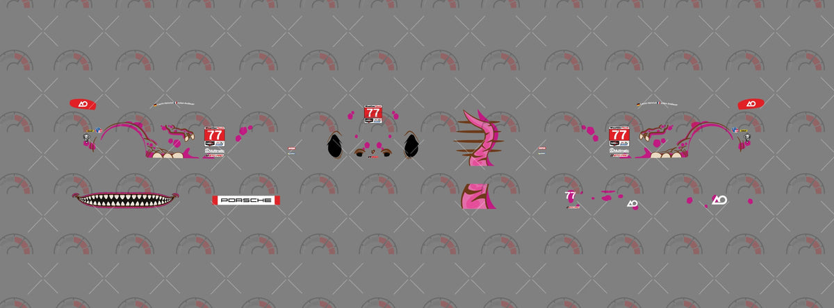 Roxy decal sheet for a 1:64 Porsche 911 GT3 RS: pink dinosaur side graphics, purple spots, number 77
and tooth-filled bumper art.
