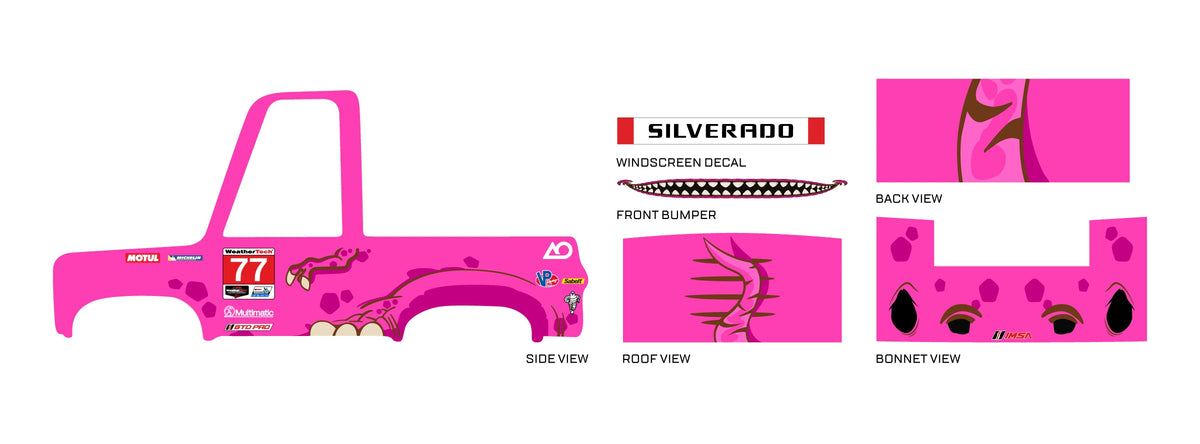 Roxy preview for a 1:64 Tooned 83 Chevy Silverado: hot-pink panels, purple spots, outlined dinosaur
limbs and number 77