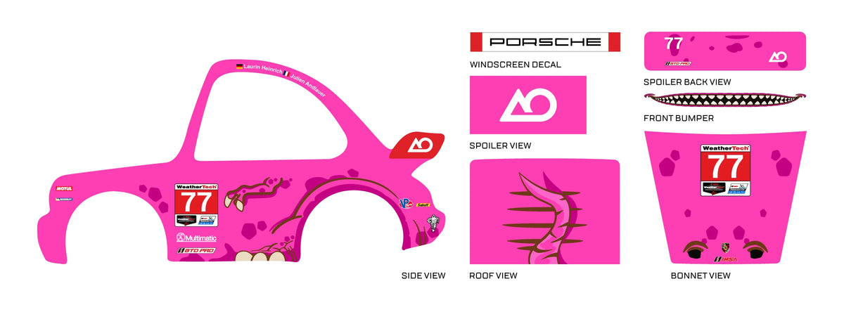 Roxy preview for a 1:64 Porsche 911 Turbo 3.6: hot-pink panels, purple spots, dinosaur limbs and red
number 77 blocks.