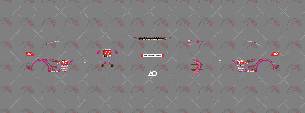 Roxy decal sheet for a 1:64 Porsche 911 Turbo 3.6: pink spotted sides, a spiked roof tail, number 77 and
bumper teeth