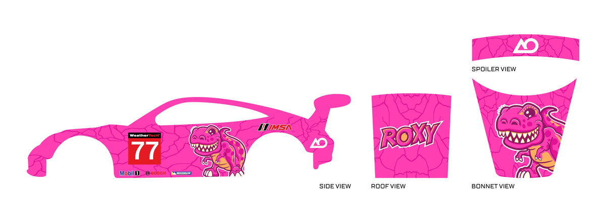 Roxy 01 placement preview for a 1:64 Porsche 911 GT3 RS, with pink scale patterns, smiling dinosaur
characters, red 77 panels and ROXY roof text.
