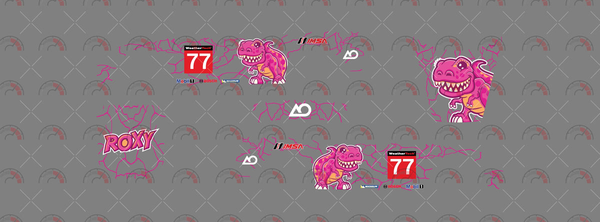 Roxy 01 decal sheet for a 1:64 Porsche 911 GT3 RS, showing pink cracked scales, full dinosaur
characters, red 77 blocks and ROXY lettering.