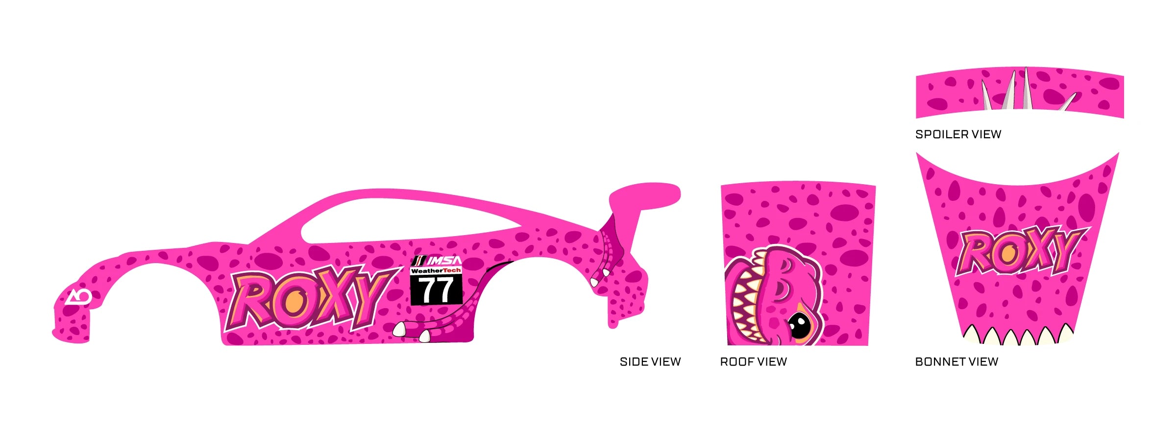 Roxy 02 placement preview for a 1:64 Porsche 911 GT3 RS, with pink spots, large ROXY lettering, a
black 77 block and dinosaur roof artwork.
