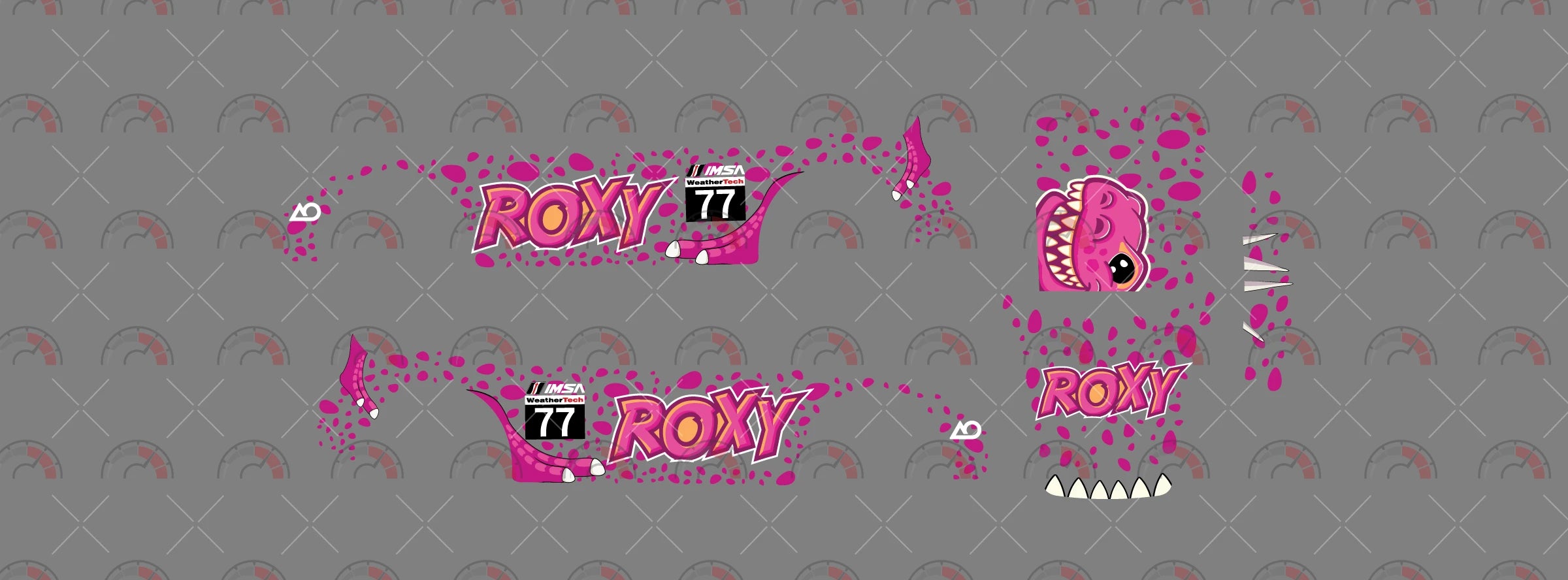 Roxy 02 decal sheet for a 1:64 Porsche 911 GT3 RS, showing pink spotted sides, ROXY wordmarks,
black 77 panels, dinosaur head art and white spikes.
