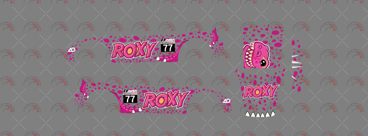 Roxy 02 decal sheet for a 1:64 Porsche 911 GT3 RS, showing pink spotted sides, ROXY wordmarks,
black 77 panels, dinosaur head art and white spikes.
