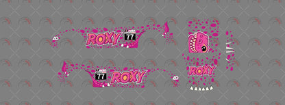 Roxy 02 decal sheet for a 1:64 Porsche 911 GT3 RS, showing pink spotted sides, ROXY wordmarks,
black 77 panels, dinosaur head art and white spikes.
